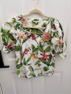 Chico's White Botanical Puff-Sleeve Square-Neck Blouse